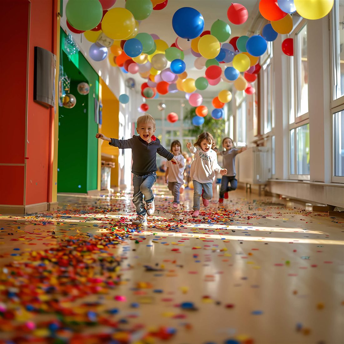 Vrolijke kinderen rennen door een kleurrijke gang van een kinderopvang met ballonnen en confetti